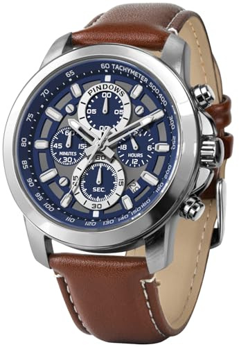 PINDOWS Men's Chronograph Watch, Analogue Quartz with Leather Strap | Stainless steel case, luminous hands, date display and 30-metre splash resistance for business, casual and evening wear