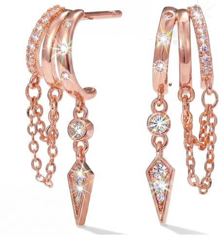 MUMREUES Rose Gold Earrings for Women Trendy 14K Rose Gold Plated Dangle Earings Small Hoop Huggie Drop Stud Earrings Zirconia Simple Minimalist Dainty Chain Tassel Hypoallergenic Earring