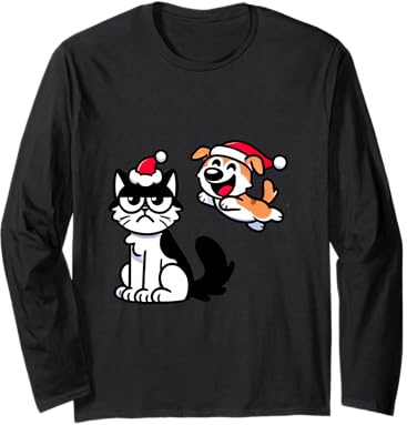 T-Shirt de Noël Amusant Chat et Chien avec Bonnet de Père Noël pour Enfants Manche Longue