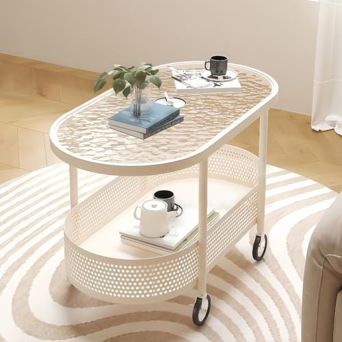 Mesa Auxiliar de Dos Niveles con Ruedas, Mesas de Centro Ovaladas Modernas, Mesa de Centro para Salón con Cesta de Almacenamiento y Estructura Metálica, para Salón y Dormitorio,Style b,70x40x55cm