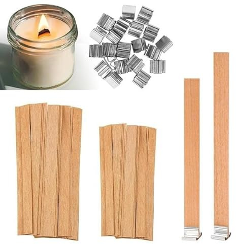120 Pcs Wood Candle Wicks with Stand, Wood Wicks for Making Candles Kit, Natural Smokeless Candle Wick for Candles DIY Craft (60 Set, 2 Size)