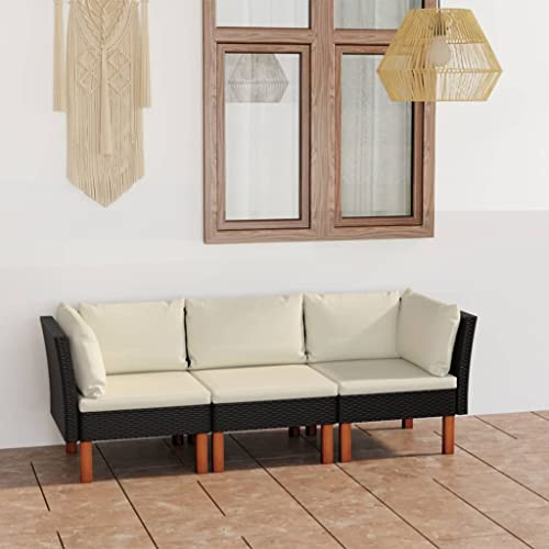 JHQHSM 3-Sitzer-Gartensofa mit Kissen Schwarz Poly Rattan, Wetterbeständiges Lounge-Sofa mit Pulverbeschichtetem Stahlrahmen und PE-Geflecht, Bequemes Polstermöbel mit Abnehmbaren