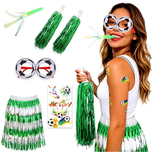 HATFRYF Football Cheerleader Outfit for Adult, Soccer Fan Party Costume Supplies Set Includes Cheer Glasses, Temporary Tattoos, Thread Skirt, Hand-Shaken Rattle Stick and Party Blower Gift