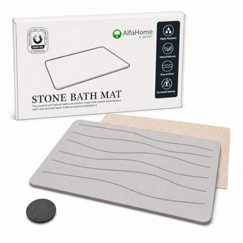 AlfaHome - Alfombra Diatomita Baño 60x39 cm de Secado Rápido, Alfombrilla Baño Antideslizante con Tapete y Lija, Alfombra de Baño Moderna para Ducha o Bañera - (Gris Claro)
