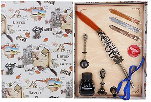 PODSJD Retro Stainless Steel Dip Writing Pen with Sealing Wax Set, Gift Box Included - Elegant Metal Pen Tube, Natural, Ideal for Calligraphy and Letter Writing (Type 2)