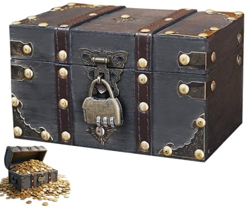 FDKene Cofre del Tesoro de Madera Vintage con Cerradura, Caja Pirata para Niños de 18 x 11 x 10 cm, Perfecta para Almacenamiento de Juguetes, Joyas y Decoración de Cumpleaños o Regalos, Estilo Pirata
