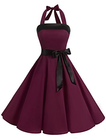 Timormode Abito Vintage Donne Vestito Cocktail 1950 Gonna retrò Estiva Rockabilly Allacciatura al Collo di Polka Dots Molti Colori Burgundy XS