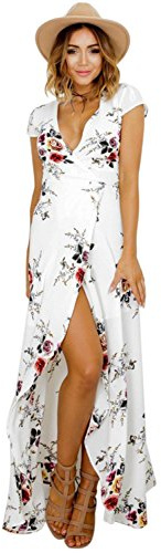 Femmes Bohème Longue Maxi Robe de Plage Robes Bustier Été Floral Imprimé 3/4 Manche Robe Col Badeau Taille Grande (Blanc-1, S)