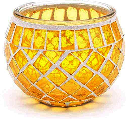 Mosaic Glass Candle Holder Vintage Jar Tea Light Holders Romantic Tea Light Candle Holder Home Decoration with Upto 8 Hour Burn Tea Light Candles (Yellow)