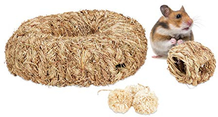 Relaxdays Hamster Accessories Set 5 Pcs, Hamster Tunnel, Nest & 3 Balls, Straw/Grass, Cage Rodents, Mice, Natural