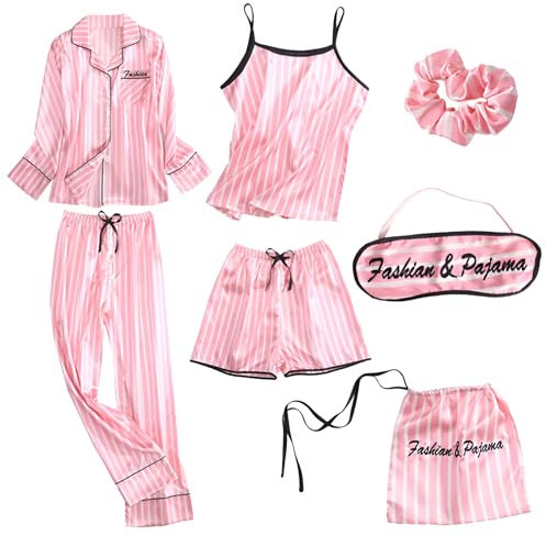 Jamron Damen 7PCS Satin Pyjama Set Frühling Sommer Herbst Tops & Kurze Hose Nachtwäsche SN07655 Rosa Streifen M