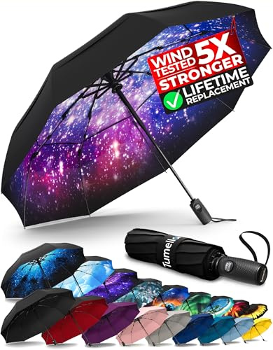 TUMELLA Parapluie de voyage résistant au vent (compact, supérieur et beau), petit parapluie solide mais léger, portable et pliable automatique, prise en main durable de qualité supérieure, convient