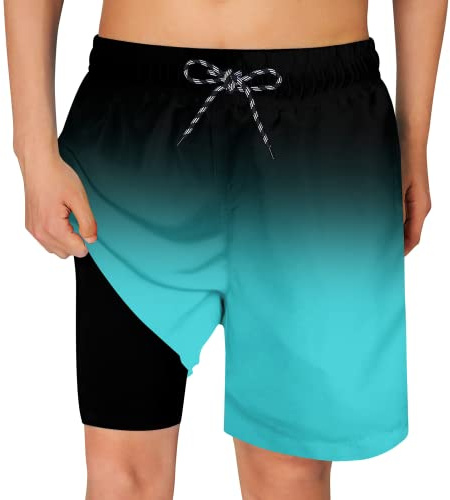 Cozople Boy's Ombre Emerald Graphic Swimming Trunks Compression Boxer Brief Liner Swim Shorts Anti Chafe Swimsuit Bathing Suit for Big Boys No Mesh Lining Beach Board Shorts with Pockets