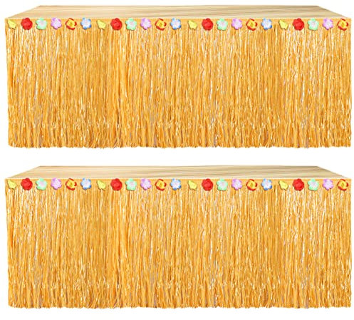 Eowppue Luau Lot de 2 jupes de table hawaïennes naturelles 2,7 x 75,1 cm pour décorations de fête tropicales hawaïennes, jaune paille
