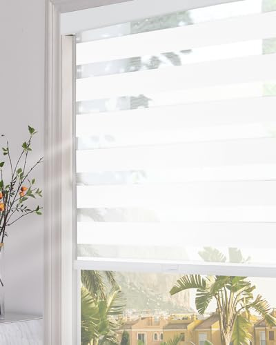 Persilux Blackout Cordless Zebra Blinds for Windows (35 W x 64 H, White) with Upgraded Cassette Free-Stop Dual Layers Sheer Roller Shades for Home and Office