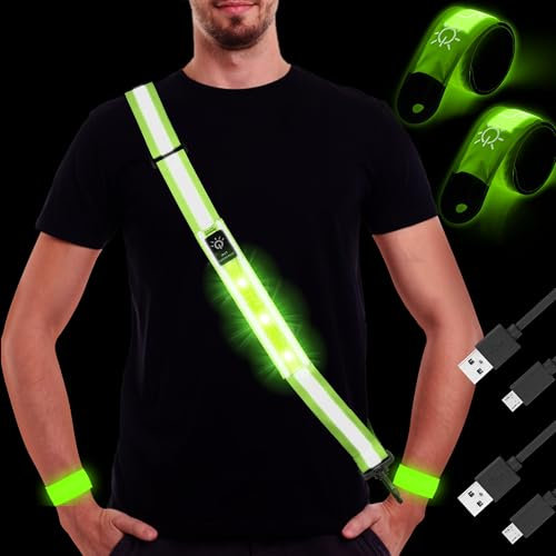 DazSpirit Lauflicht Joggen mit Reflektoren Gürtel + 2 Grün LED Armband, Verstellbarer USB Aufladbar LED Lauflampe Reflektorgürtel, Nacht Reflektor Gurt für Joggen Laufen Hundewandern Outdoor Sports