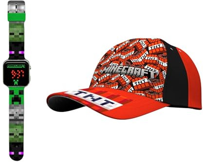 Minecraft Baseballkappe und Uhr für Jungen, Kinder Sommer-Baseballmütze Design LED Uhr, Geschenk für Kinder | Rot