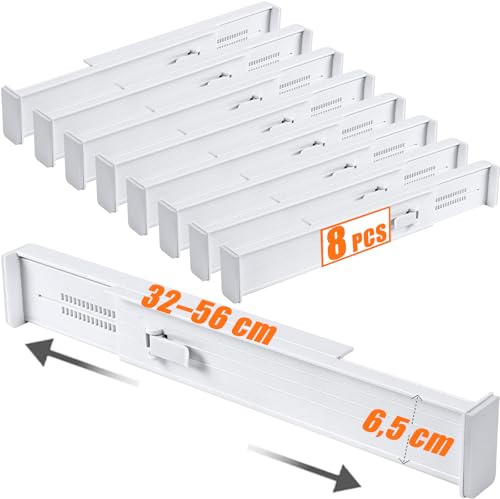 SHUESS 8 separatori per cassetti regolabili (32 – 56 cm), in plastica, divisori per cassetti, organizer con divisori, divisori per cassetti, per cucina, camera da letto, cassettiera, bianco