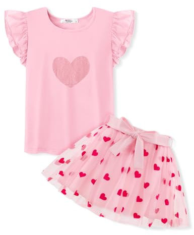 Arshiner Vestido De Niñas Camiseta Mangas Volantes Rosas Y Falda Tul Conjunto Ropa para Niños Vestido Festivo Atuendo Moda Conjunto Ropa Cumpleaños con Cinturón 5-6 Años
