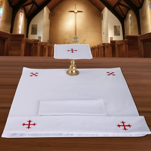 4 Pack Altar Supplies Linen Corporal for Churches Set(Pall,Corporal,Purificator,Towel),White Linen Altar Cloth Red Cross Embroidery,Mass Kit Catholic for Priest