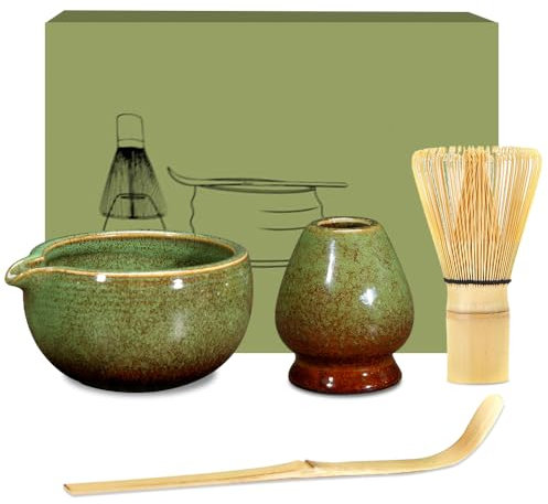 KUWUNG 4Pcs Matcha Whisk Set, Matcha Tea Set with Whisk, Ceramic Bowl, Scoop & Holder, Matcha Ceremony Kit for Beginners and Enthusiasts, Traditional Tea Ceremony