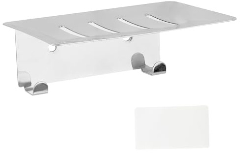 Porte-Savon Mural en Acier Inoxydable Antirouille, Autocollant, sans Perforation, avec 2 Crochets, Porte-Éponge, Support de Rangement pour Articles de Toilette pour Salle de Bain et Cuisine (Argent)