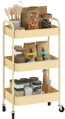 HOMCOM 3-tier Storage Trolley on Wheels, Metal Kitchen Trolley, Rolling Utility Cart with 3 Mesh Baskets for Books, Beauty Supplies, Crafts, Bathroom, Kitchen, Office, Yellow
