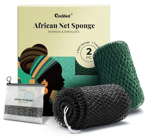 CORATED 2pcs African Exfoliating Net Sponge - Bath & Shower Net Sponges, Scrubbing Net Body, Beauty Skin Cleaning for Shower SPA Massage (Black & Dark Green)