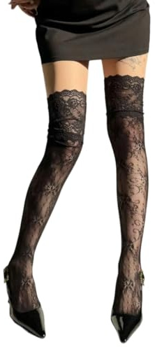 GMBYLBY Calze lunghe da donna con motivo floreale scavato sopra il ginocchio, calze lunghe in pizzo con altezza coscia