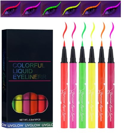 HASAIKA® Glühender Eyeliner, Eyeliner Wasserfest UV Glow Neon, UV Eyeliner Set 6 Farben, schweißfest und langlebig für Halloween-Make-up, Musikfestivals, Partys