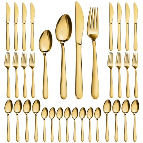 Pleafind Cutlery Set - 32 Piece Gold Cutlery Set for 8 People, Stainless Steel Tableware Silverware Set with Spoon Knife and Fork Sets, Mirror-Polished, Dishwasher Safe