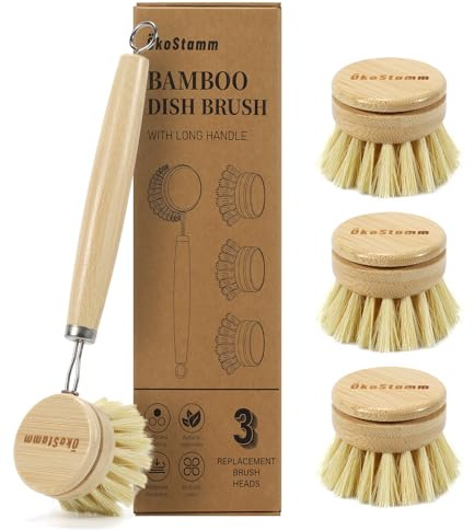 ÖkoStamm Bamboo Dish Brush with Long Handle - Natural Dish Scrubber Brush Set Includes 4 Replacement Brush Heads, Sisal Bristle Bamboo Brush for Dishes, Pans, Pot, Fruit and Veggie
