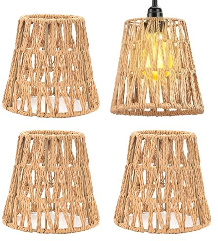 Set di 4 paralumi Boho - 15 x 15,8 x 4 cm - Piccolo paralume in rattan bohémien - E26 E27 - Paralume in carta - Accessorio per lampada da tavolo - Sospensione - Paralume sospeso