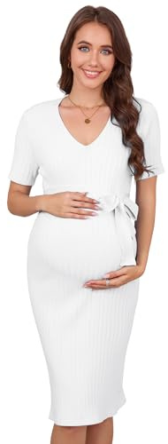 Yesfashion Robe de grossesse à manches courtes pour femme - Robe de grossesse décontractée - Robe d'été côtelée