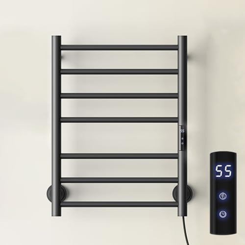 HRSMTY Scaldasalviette Elettrico a Basso Consumo 150W Scaldasalviette da Parete per Bagno 7 Barre 450x600 MM Termoarredo Asciugamani da Bagno con Timer e Display LED Temperatura Regolabili Nero Opaco