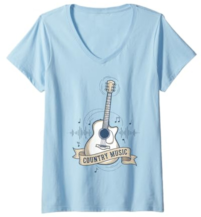 Femme Guitare Country Music Soundwave Retro Western Cowgirl T-Shirt avec Col en V