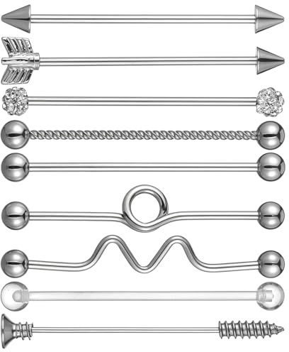 Tucnoeu 9pcs 14G Industrial Piercing Jewelry, Cartilage Helix Piercing Earring, Surgical Steel Industrial Barbell Earrings, Silver for Women Men