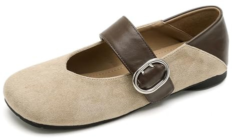 Ballerine pieghevoli con tacco da donna, comode e larghe in pelle scamosciata, pantofole Mary Jane senza schienale con supporto per arco, Beige, 44 EU