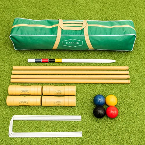 Harrier Complete 4 Person Croquet Set Wooden Garden Croquet Set Traditional Mallets, Steel Hoops, Balls, Winning Post & Carry Holdall