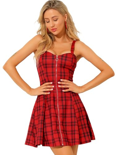 Allegra K Mini Robe de soirée trapèze sans Manches à Carreaux avec Fermeture éclair sur Le Devant pour Femme, Rouge, Taille XL
