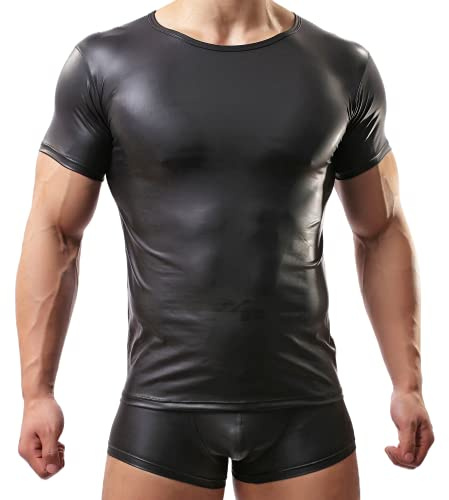 Crongless Men's Sexy Leather T-Shirt Slim Nightwear Tops Wet Look Undershirt Black (Black, S)