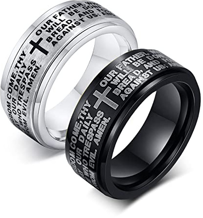 JewelryWe 2 st bibeln Cross Lord's Prayer Rings 8 mm bredd roterbar spinnring för män rostfritt stål stress ångestringar band, Silver