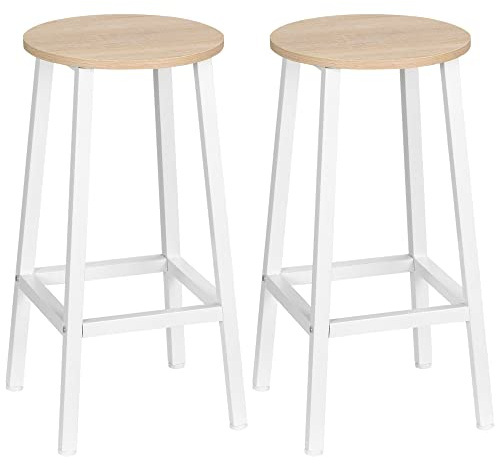 HOMCOM Set 2 Sgabelli da Bar in Legno e Acciaio, Sgabelli Cucina con Poggiapiedi per Soggiorno, Sala da Pranzo, Cucina e Bar, Stile Industriale, 32.5x32.5x65 cm, Bianco e Color Legno
