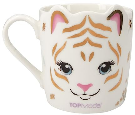 Depesche 12606 TOPModel Fantasy Tiger - Tasse in Weiß mit Model-Motiv, Katzenohren und Goldaufdruck, Trinkbecher mit Henkel aus Porzellan, Füllmenge: ca. 300 ml