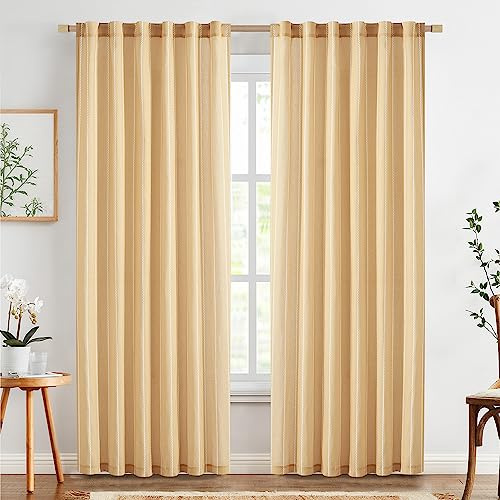 TOPICK Uppsättning av 2 randiga gardiner, 210 x 140 cm, gula gardiner för vardagsrum sovrum kök linne ränder med dragsko rustika moderna halvtransparenta gardiner