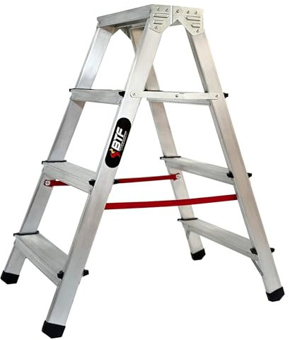 BTF | Escalera Tijera Plegable Doble Cara 4 Peldaños en Aluminio | 4+4 Plataforma H.87 cm | Altura Alcanzable 3,0 Metros | Certificada EN131 Capacidad Carga 150 kg. BTF-DDB04