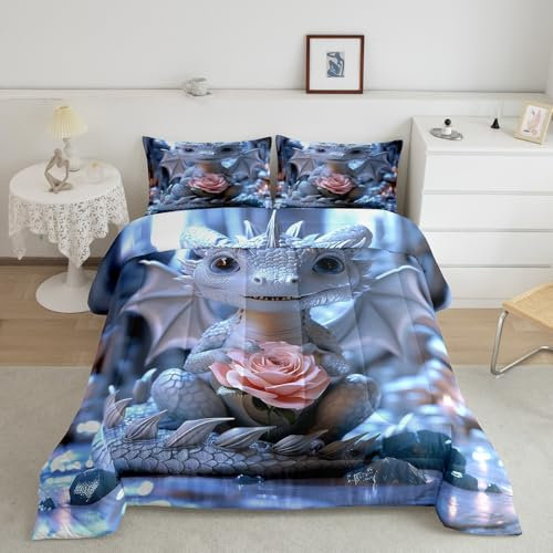 Erosebridal Blue Cute Dragon Full Size Comforter Set for Toddler Kids Wild Animal Toddler Bedding Set, Jungle Wildlife Down Comforter Pink Rose Floral Bed Set, Ancient Creature Quilted Duvet