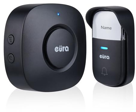 Sonnette sans fil EURA WDP-52A3 - cinétique, sans batterie, extensible, 230 V CA, 38 mélodies, portée jusqu’à 200 m, IP55, porte-nom - noir