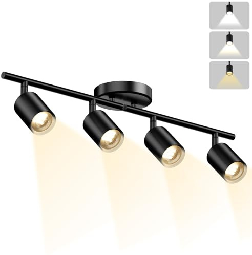 Lavendex LED 4 Light Track Lighting Kit, Black Ceiling Spotlights, Modern Track Light Fixture with Flexibly Rotatable Light Heads for Kitchen, Living Room, Bedroom, Includes 4 x GU10 Bulb
