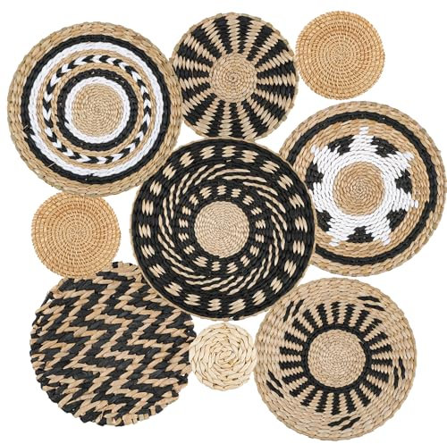 DETENE Set di 9 cestini da parete in tessuto boho, decorazione piatta, cestino da parete, decorazione da parete, decorazione da parete, per arte, soggiorno, fattoria, asilo (nero)